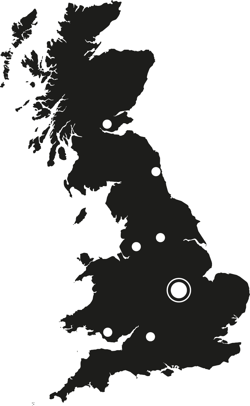A UK map displaying the offices Roger Bullivant have