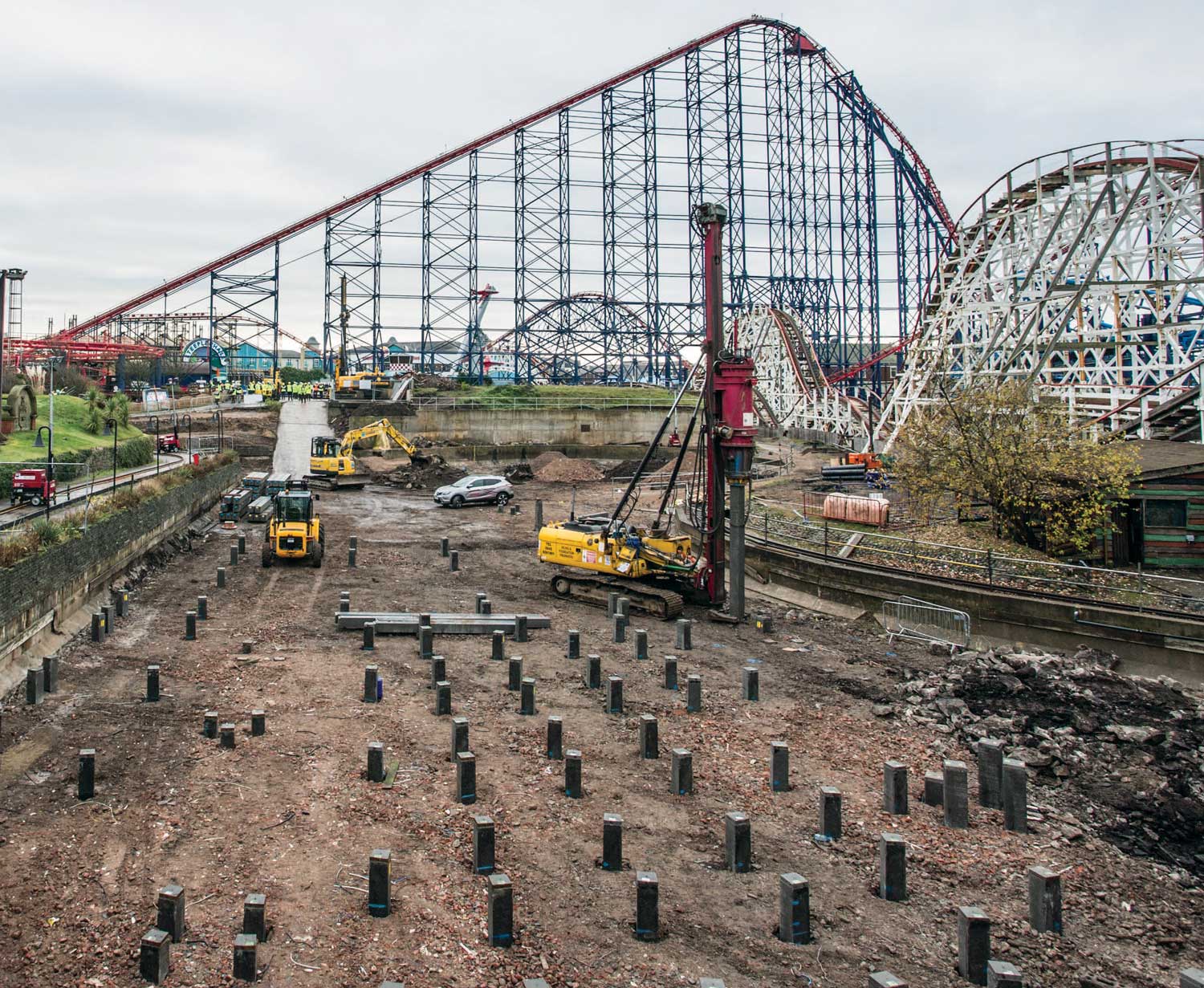 RB Piling Rig In front of a rollercoaster at Blackpool pleasure beach