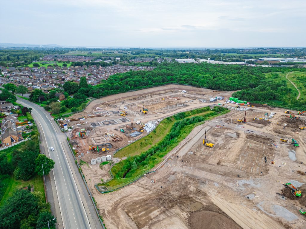 Drone shot showing 4 rigs working on site at St Helens