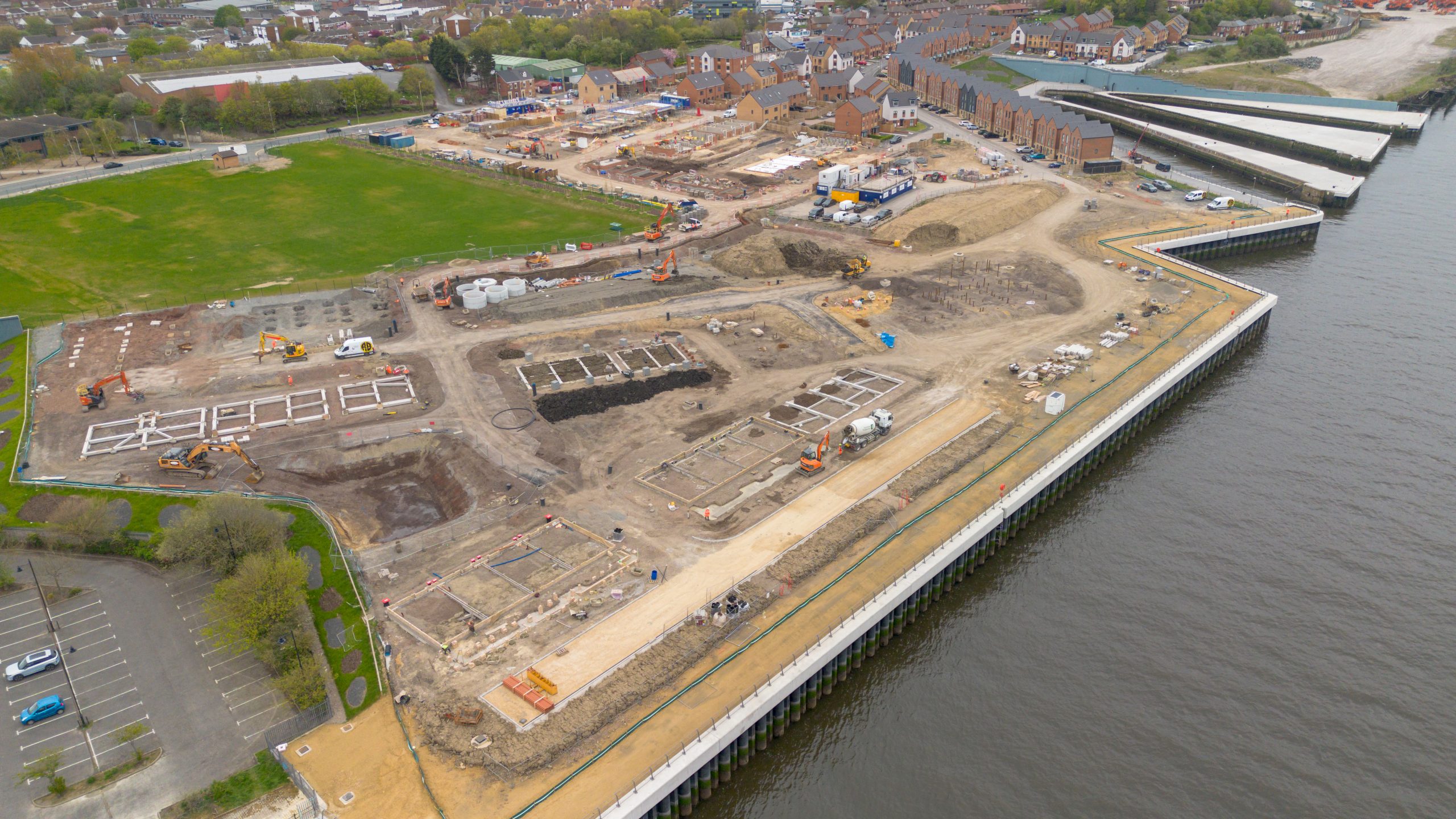 Drone shot of precast foundation system next to waterfront
